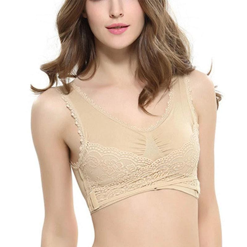 Women Comfy Bra Front Cross Side Buckle Lace Spport Bra Push Up Seamless Bra  with Removable Pad Beige at  Women's Clothing store